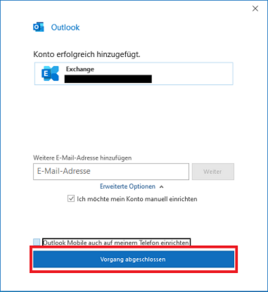 Outlook Konteneinrichtung Bestätigungsfenster mit markiertem Button "Vorgang abgeschlossen"