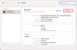 MacOS Profileinstellungen für eduroam mit markiertem "Installieren" Button