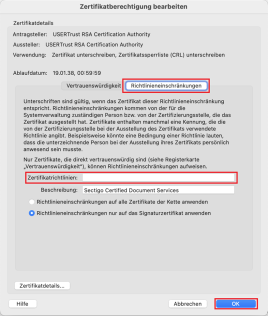 Zertifikatsberechtigungen "Richtlinieneinschränkungen"; Details in der Beschreibung