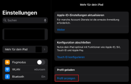 iOS Systemeinstellungen "Allgemein" mit markierter Option "Profil anzeigen"