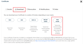 Downloadübersicht mit markiertem Format "PEM bundle"