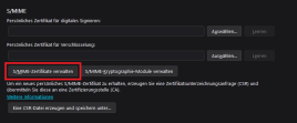 S/MIME Einstellungen mit markiertem Menüpunkt "S/MIMI-Zertifikate verwalten"