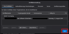 Zertifikatverwaltung mit markiertem Button "OK"