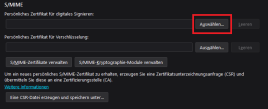 S/MIMI-Einstellungen mit markiertem Button "Auswählen" für "Persönliches Zertifikat für digitales Signieren"
