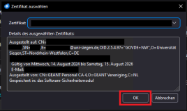 Zertifikatsübersicht mit markiertem "OK" Button