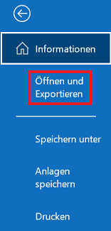Outlook Seitenmenü mit markierter Option "Öffnen und Exportieren"