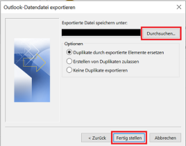 Import/Export Assistent mit Option zum Einstellen des Zielordners und markiertem "Fertig stellen" Button