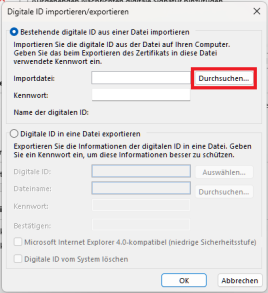 Digitale ID importieren/exportieren mit markiertem Button "Durchsuchen"