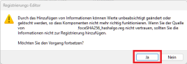 Registrierungs Editor Abfrage mit markiertem "Ja" Button