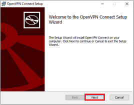 OpenVPN Connect Installationsmanager mit markiertem Button "Next"