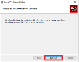 OpenVPN Connect Installationsmanager mit markiertem Button "Install"