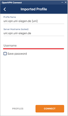 OpenVPN Connect Profilimport mit Feld für Nutzerkennung