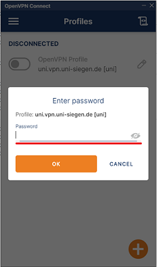 OpenVPN Connect Import Feld für Passworteingabe