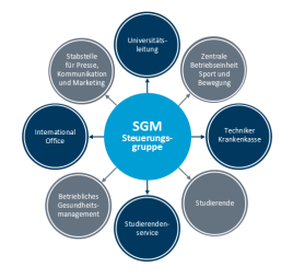 Zusammenstellung einzelner Aktuere in der Steuergruppe inkl.: Universitätsleitung, Hochschulsport, Techniker Krankenkasse, Studierende, Studierendenservice, Betriebliches Gesundheitsmanagement, International Office, Stabstelle für Presse, Kommunikation und Marketing, Psychologische Beratung