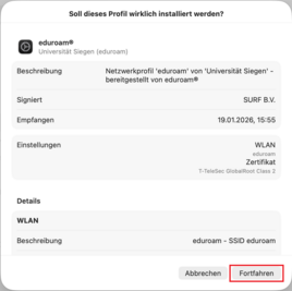 MacOS Profilinstallation mit markiertem Button "Fortfahren"