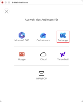 MacOS Outlook Dienstanbieterauswahl mit markierter Option "Exchange"