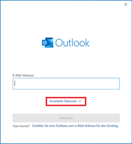 Outlook Maileinrichtung mit Feld zur Eingabe der E-Mail-Adresse