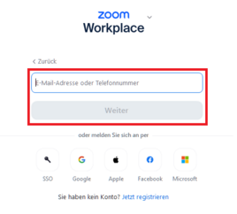 ZoomX Anmeldefenster mit Feld zur Eingabe der Mailadresse