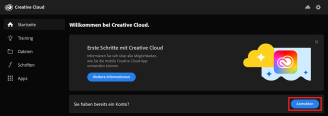 Creative Cloud Dashboard mit markiertem "Anmelden" Button neben der Abfrage "Sie haben bereits ein Konto?"