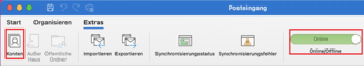 Outlook Reiter "Extras" mit markiertem Balken "Online/Offline" und markierter Option "Konten"