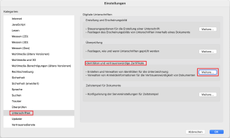 Adobe Einstellungen mit markierter Option "Identitäten und vertrauenswürdige Zertifikate"