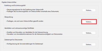 Digitale Unterschriften Menü mit markiertem Button "Weitere" für Kategorie "Überprüfung"