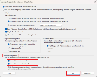 Voreinstellungen für das Überprüfen von Unterschriften; Details in der Beschreibung