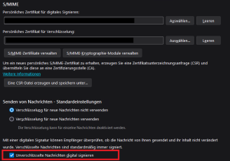 S/MIME-Einstellungen mit angehakter Option "Unverschlüsselte Nachrichten digital signieren"