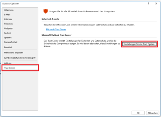 Outlook Optionen mit markierter Option "Trust Center"; Details in der Beschreibung
