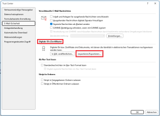Trust Center Menü "E-Mail-Sicherheit" mit markiertem Button "Importieren/Exportieren" für Digitale IDs