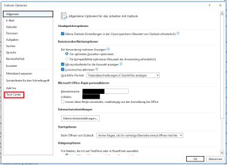 Outlook Optionen mit markierter Kategorie "Trust Center"