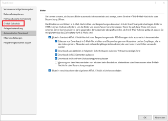 Trust Center Einstellungen mit markierter Kategorie "E-Mail Sicherheit"