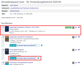 Beispiel der Anzeige eines Semesterapparats im Katalog plus