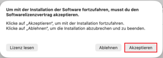 Lizenzbedingungen mit markiertem "Zustimmen" Button