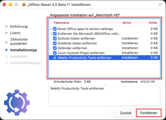 Installationsmanager mit verfügbaren Optionen; Details in der Beschreibung