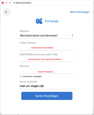 Kontoeinrichtung der Shared Mailbox; Details in der Beschreibung