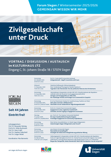 Darstellung des Programms des Forum Siegen im Wintersemester 2025/26, das unter dem Thema Zivilgesellschaft unter Druck ausgerichtet wird.
