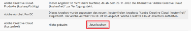 Auswahl der buchbaren Lizenzen in der Nutzerkontenverwaltung mit markiertem Button "Jetzt buchen" am Beispiel Adobe Creative Cloud (kostenfrei)