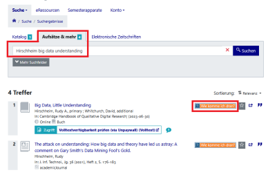 Beispielsuche nach einem Buchkapitel im Bereich "Aufsätze und mehr"