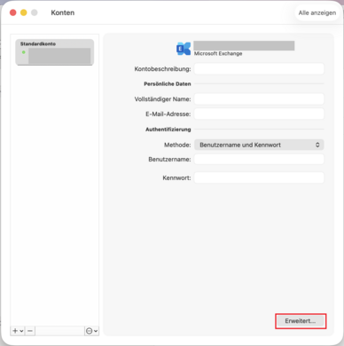 Kontenübersicht mit markiertem Button "Erweitert"
