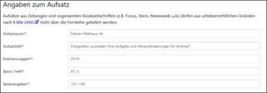 Screenshot Fernleihe Angaben zur Aufsatzbestellung
