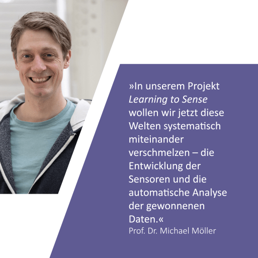 Bild und Text: »In unserem Projekt Learning to Sense wollen wir jetzt diese Welten systematisch miteinander verschmelzen - die Entwicklung der Sensoren und die automatische Analyse der gewonnenen Daten.« Prof. Dr. Michael Möller