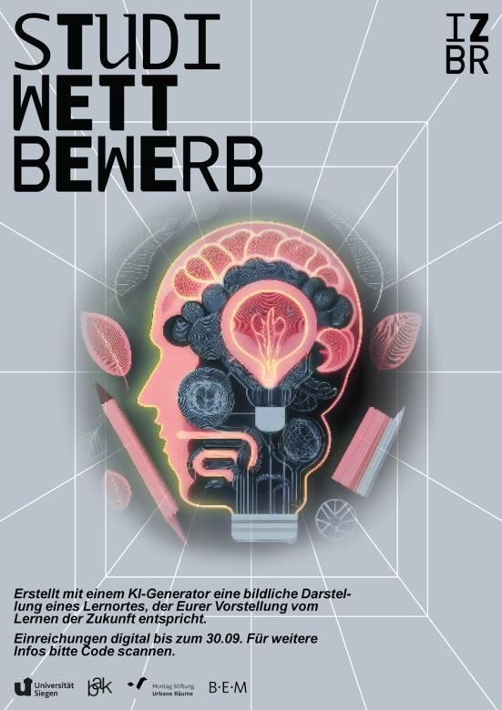 Plakat für den Wettbewerb &quot;Lernorte der Zukunft&quot;: Erstellt mit einem KI-Generator eine bildliche Darstellung eines Lernortes, der Eurer Vorstellung vom Lernen der Zukunft entspricht. Einreichungen digital bis zum 30.09. Für weitere Infos bitte Code scannen.