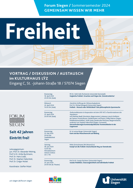 Darstellung des Programms des Forum Siegen im Sommersemester 2024, das unter dem Thema Freiheit ausgerichtet wurde.