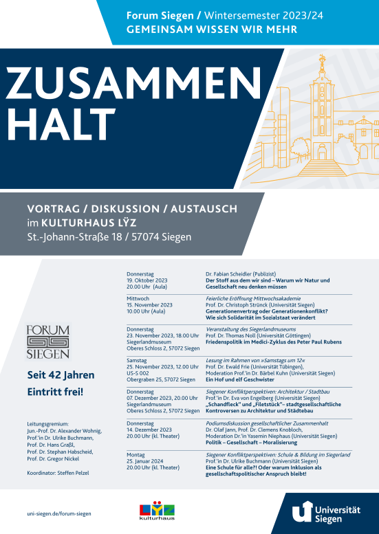 Darstellung des Programms des Forum Siegen im Wintersemester 2023/24, das unter dem Thema Zusammenhalt ausgerichtet wurde.