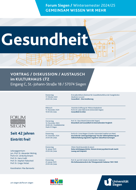 Darstellung des Programms des Forum Siegen im Wintersemester 2024/25, das unter dem Thema Gesundheit ausgerichtet wurde.