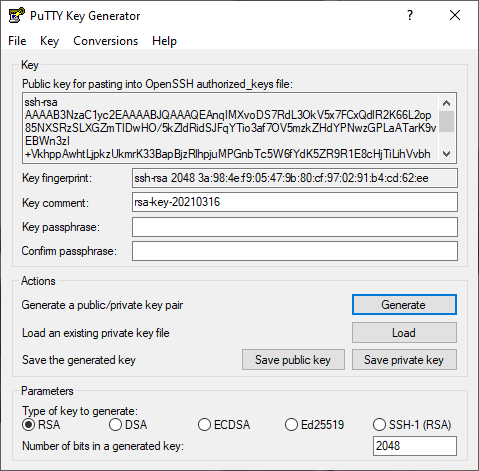 Putty GUI mit Schlüsselerzeugung.