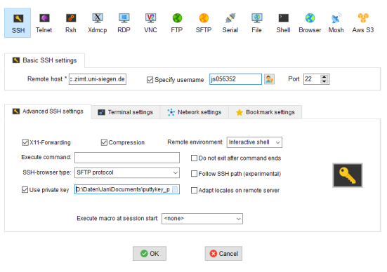 Die GUI von MobaXTerm wo der SSH Key angegeben ist, der Remotehost von dem Cluster, der Port 22 für SSH und der ZIMT Nutzername. Die Session wird als interactive Shell gestartet.