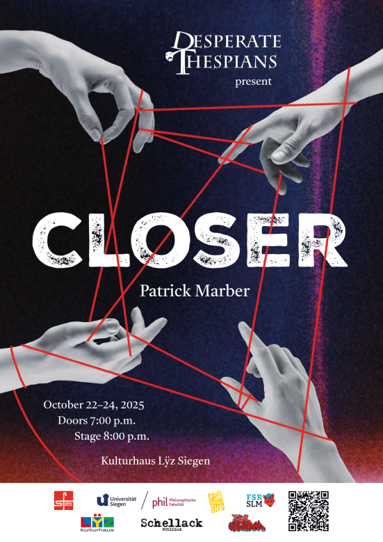 Gezeichnete Hände sind mit rotem Faden verbunden und umrahmen den Schriftzug &quot;Closer&quot;