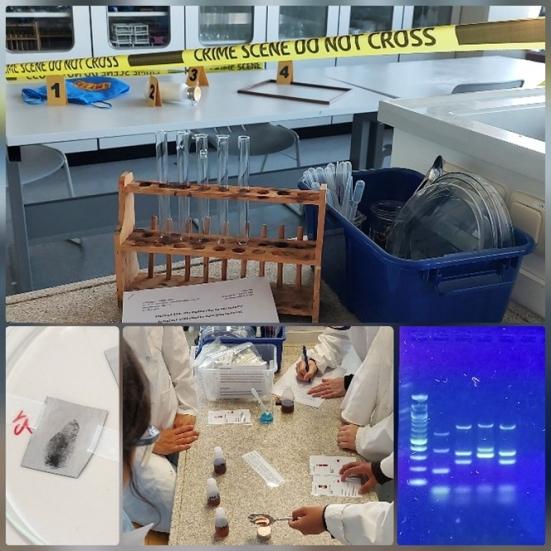 Tatort Szene im Labor - Schülertische mit Experimenten